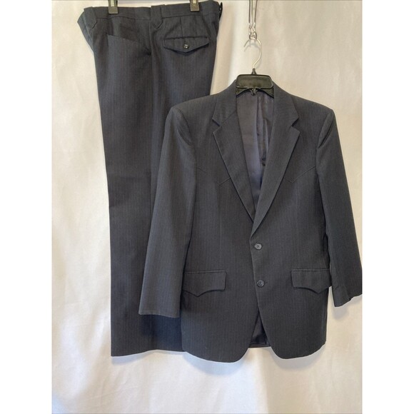 70s Panhandle Slim Western Suit 40R Vtg 2 Pc Navy Blue Blazer Pants Cowboy USA